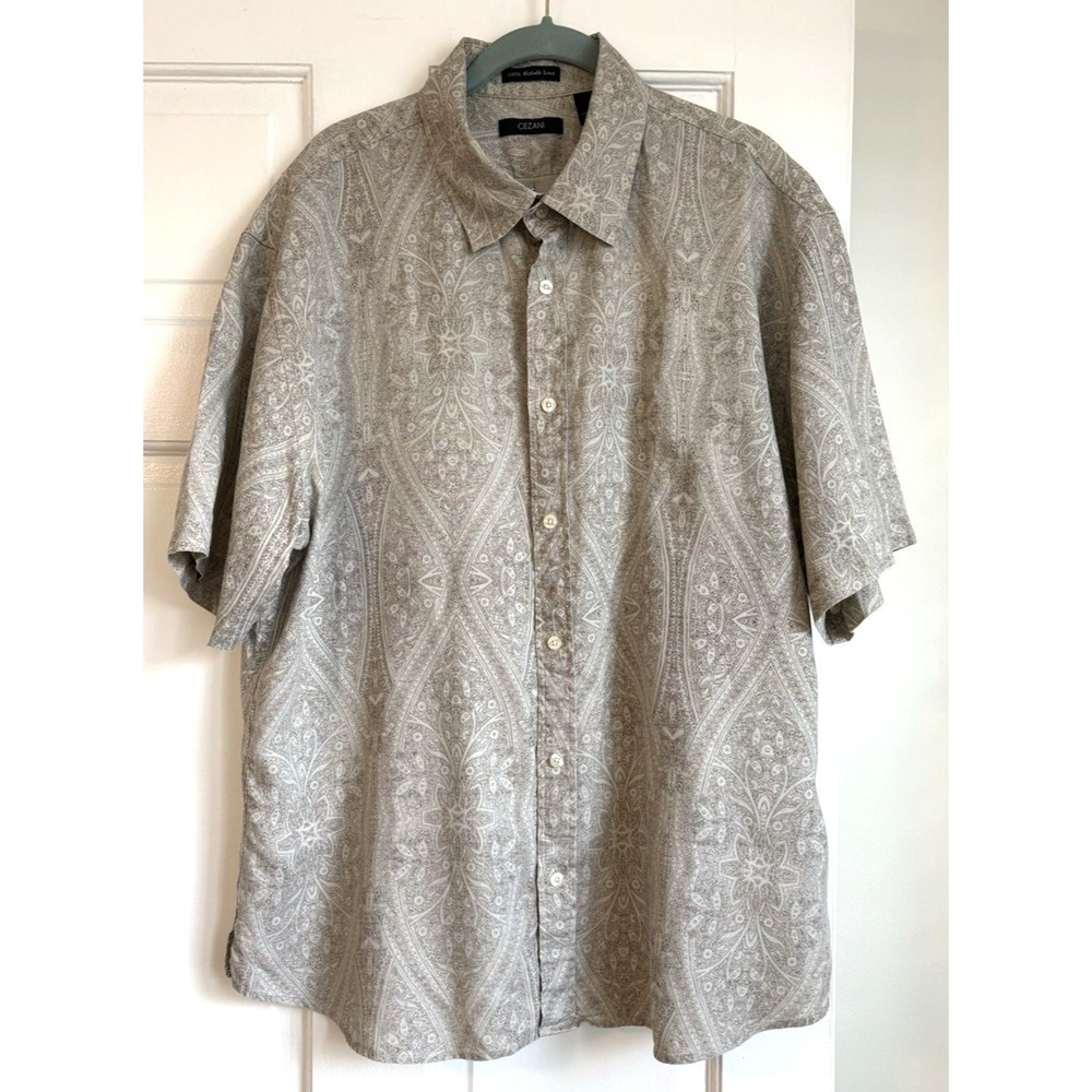 Cezani Mens XL 100% Washable Linen Short Sleeve Paisley Button Down Shirt Tan